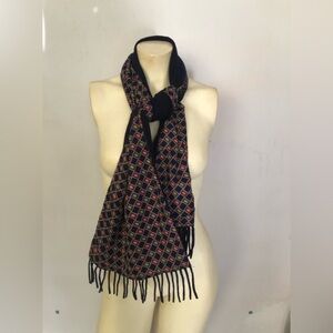 Elegant Blue and Red Geometric Wool Cashmere Fringe Scarf 56 X 11